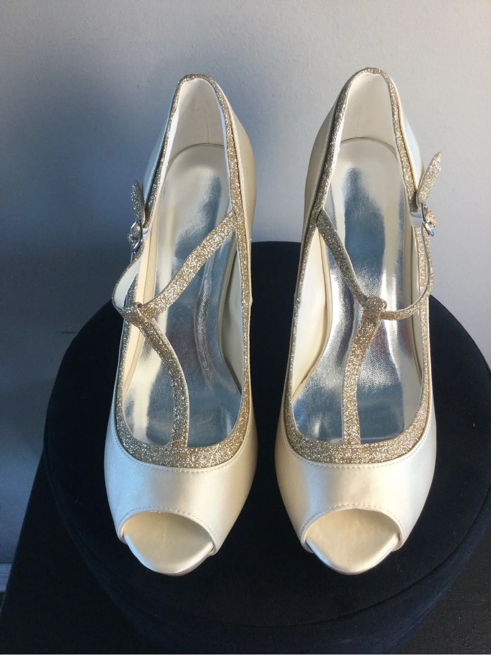 Elegant Ivory Peep-Toe T-Strap Heels with Gold Glitter Trim